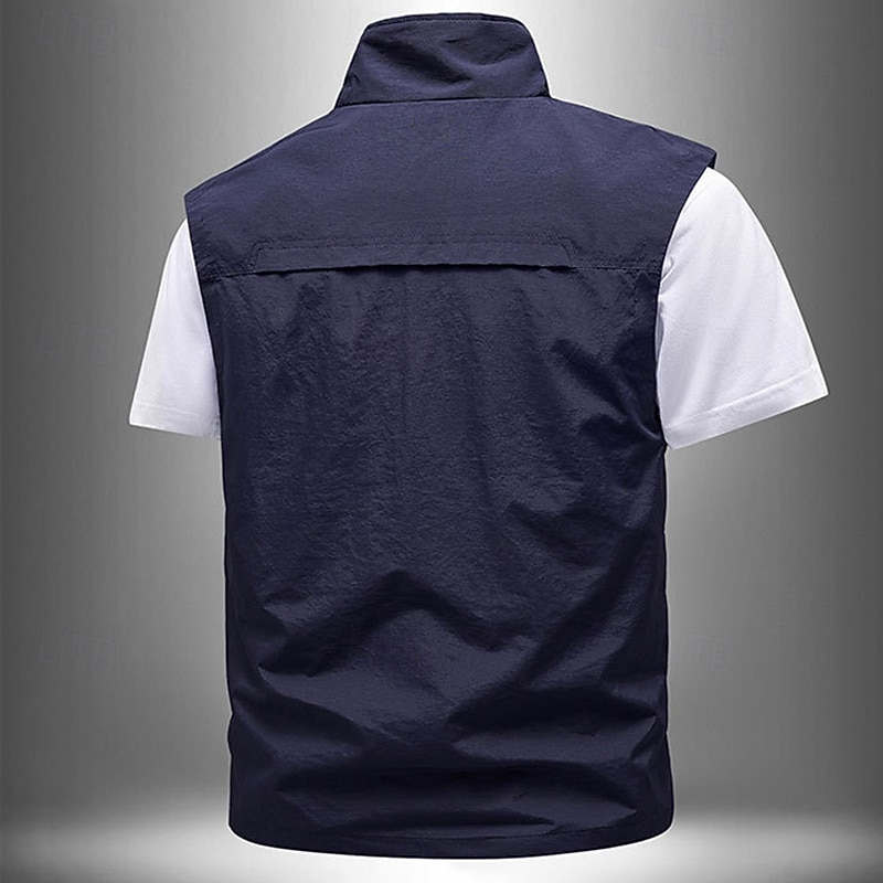 Men's Vest Gilet Outdoor Daily Fashion Casual Spring Fall Pocket Polyester Comfortable Plain Zipper Stand Collar Regular Fit Black Khaki Army Green Dark Blue Vest3