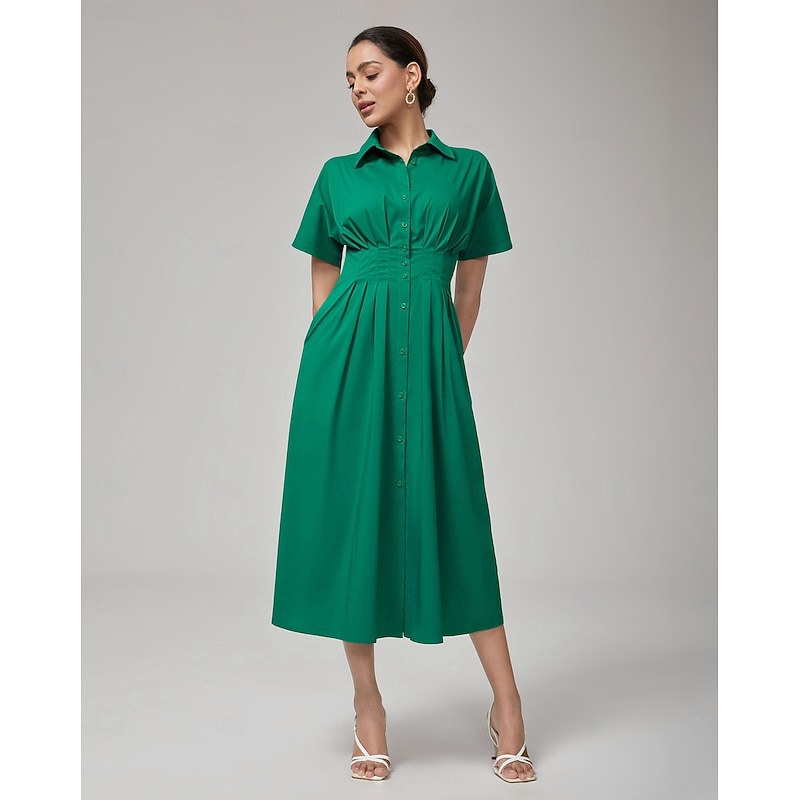 Women's Maxi Dress Vintage Green Cotton Pleated Waist Shirt Collar Casual Elegant Spring Summer Fall
