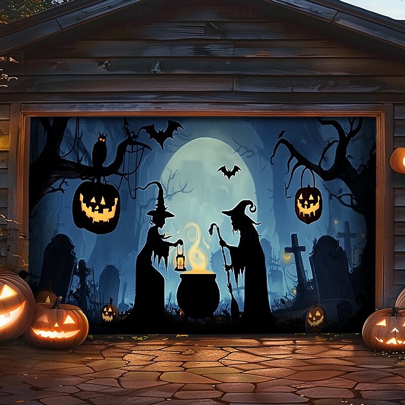 Halloween Garage Door Cover Banner Backdrop – Oversized Skeleton Moon Scene with Pumpkins, Includes Ropes and Hooks, Outdoor Decoration for 2025 Halloween Home Front Yard2
