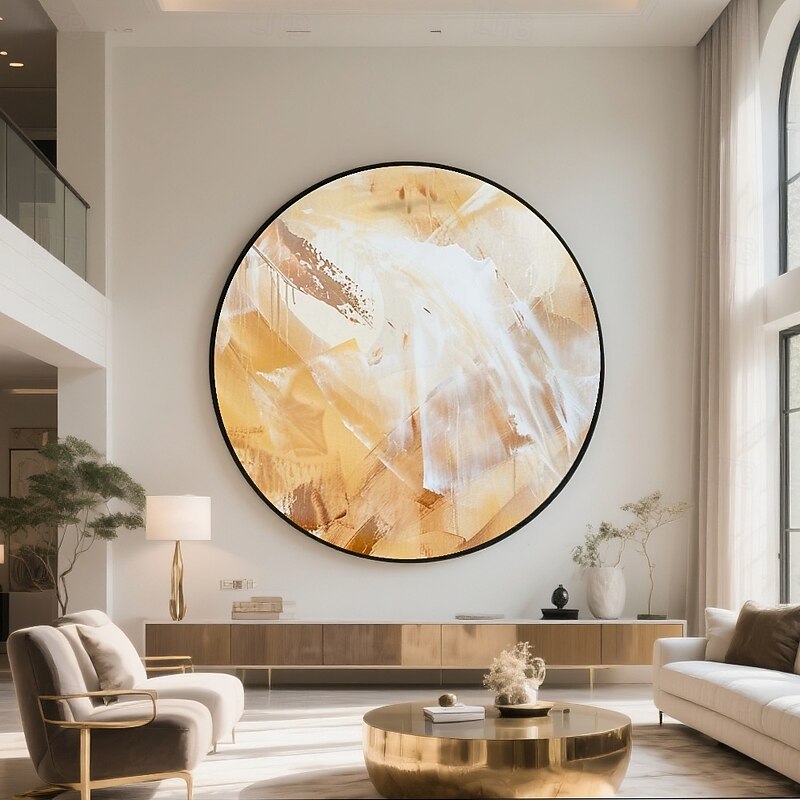Handmade Circular Abstract Expressionist Oil Textured Palette Knife Paint Drips Neutral Earth Tones Ochre Tan White Cream Modern Organic Canvas Gallery Wall Decor Minimalist Earthy Palette3