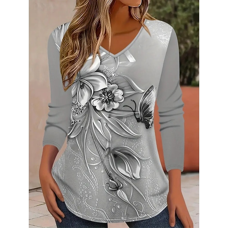 Women's T Shirt V Neck Long Sleeve Tunic Floral Graphic Geometric Bohemia Vintage Tropical Short Sleeve Regular Tops Daily Going out Weekend Print Yellow Red Blue off-white Gray Summer Spring4