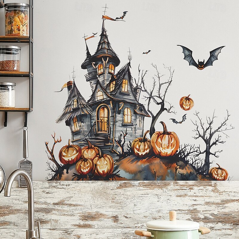 Halloween Horror Castle and Pumpkin Wall Sticker, Spooky Bedroom and Living Room Peel and Stick Home Decoration, Self-Adhesive Halloween Party Wall Decal