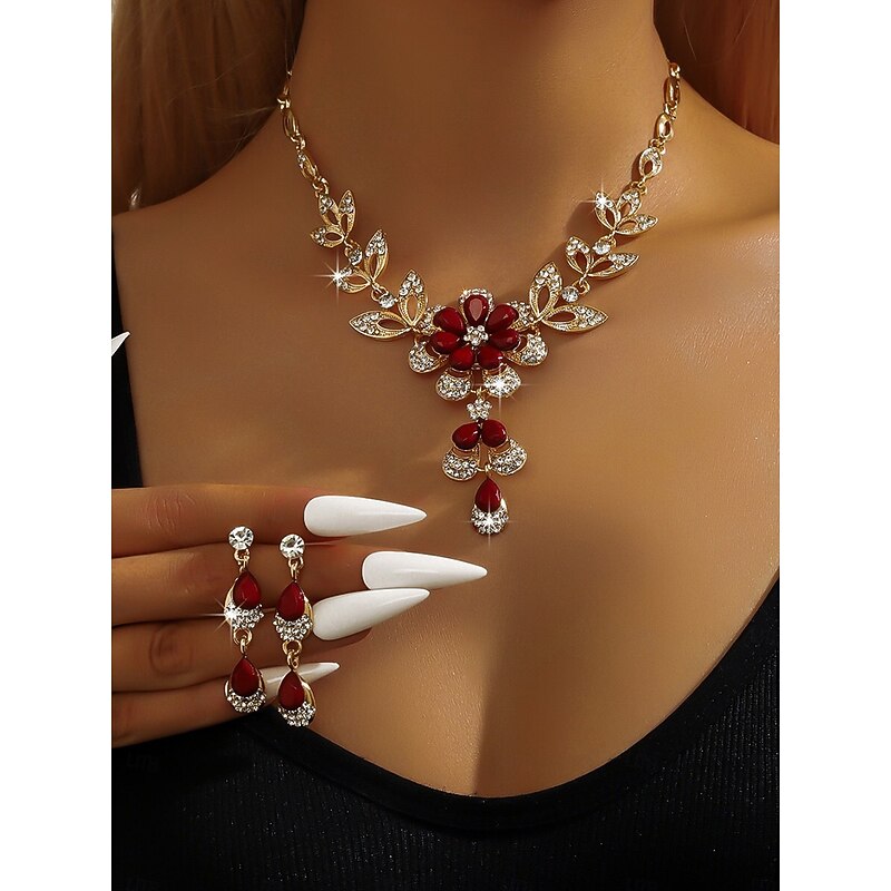 Women's Gold-Plated Blue Crystal Necklace and Earrings Set with Floral Design - Elegant Party Jewelry for Formal Events and Evening Celebrations3