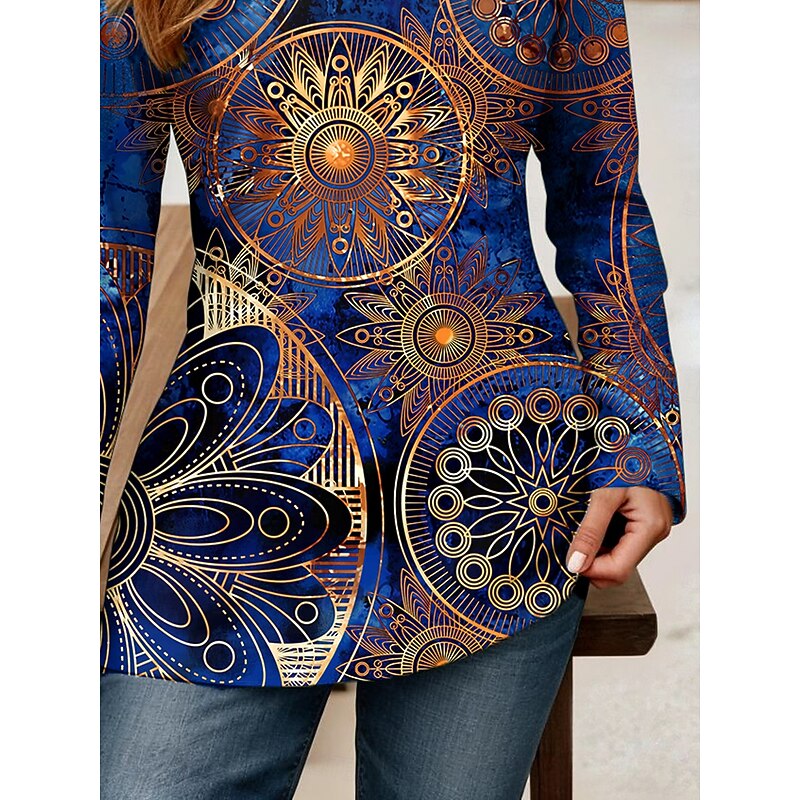 Women's T Shirt Graphic Geometric Mandala Vintage Stylish Classic Long Sleeve V Neck Regular Tops Daily Cut Out Print Navy Blue Spring Fall3