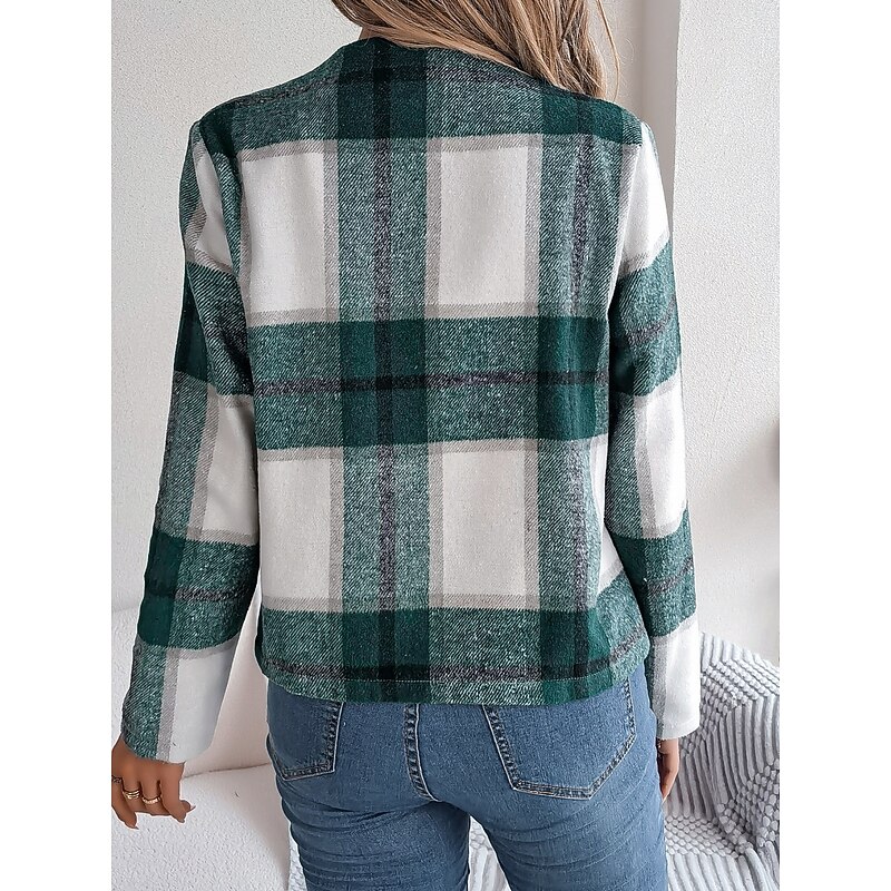 Women's Casual Jacket Comfortable Breathable Print Casual Plaid Vacation Street Daily Wear Going out Open Front Short Stand Collar Regular Fit Long Sleeve Outerwear Navy Red Green Summer Spring3
