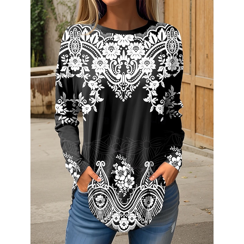 Women's T Shirt Graphic Tribal Vintage Fashion Stylish Long Sleeve Crew Neck Round Neck Regular Tops Weekend Print White Pink Blue Green Spring Fall