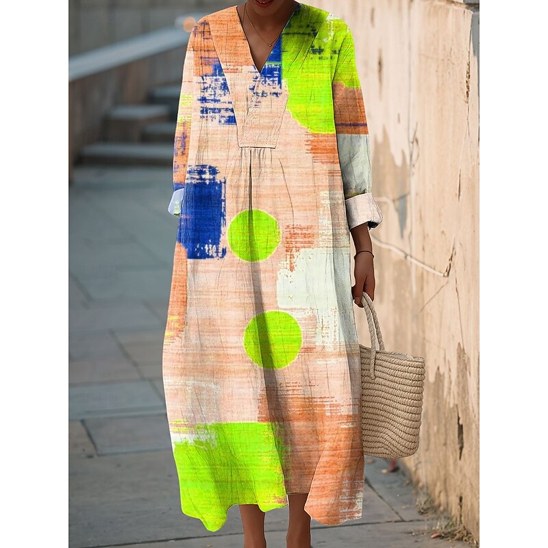 Women's Midi Dress V Neck Long Sleeve Kaftan Lightweight Loose Fit A Line Dress Casual Boho Going out Standard Fit Graphic Geometric Long Sleeve V Neck Pink Orange Amethyst Fall3