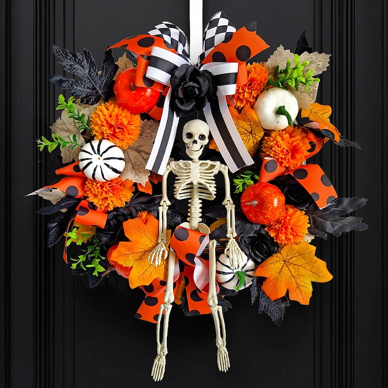 Halloween Skeleton Wreath for Front Door Indoor Outdoor Decoration, Maple Leaf Pumpkin Skull Garland with Twigs and Faux Flowers, Spooky Vine Ring for Party Decor