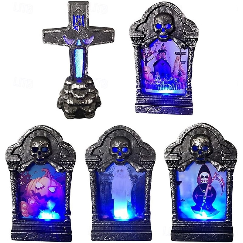 3/6 Pcs Halloween LED Graveyard Tombstones Halloween Headstone Light Skull Graveyard Lamp Halloween Decor Halloween Yard Headstone Spooky Haunted House Decoration2