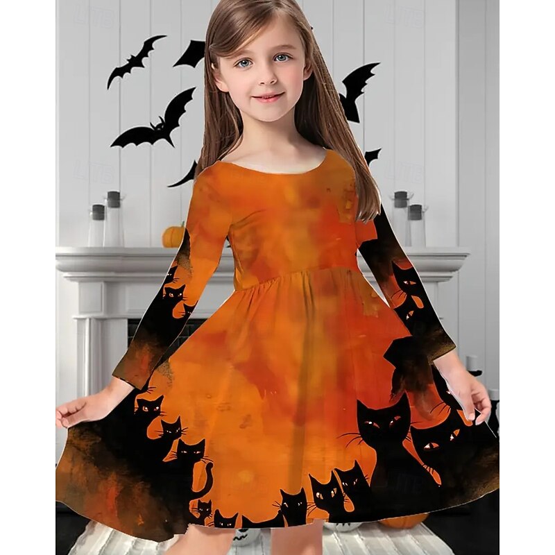 Halloween Girls' 3D Cat Dress Long Sleeve Summer Spring Vacation Daily Holiday Princess Beautiful Sweet Kids 4-12 Years Casual Dress A Line Dress Knee-length Regular Fit