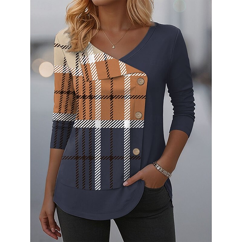 Women's Blouse Tunic V Neck Long Sleeve Buttons Graphic Geometric Plaid Fashion Casual Crew Neck Regular Tops Daily Patchwork Print Red Blue Orange Green Spring Fall Winter