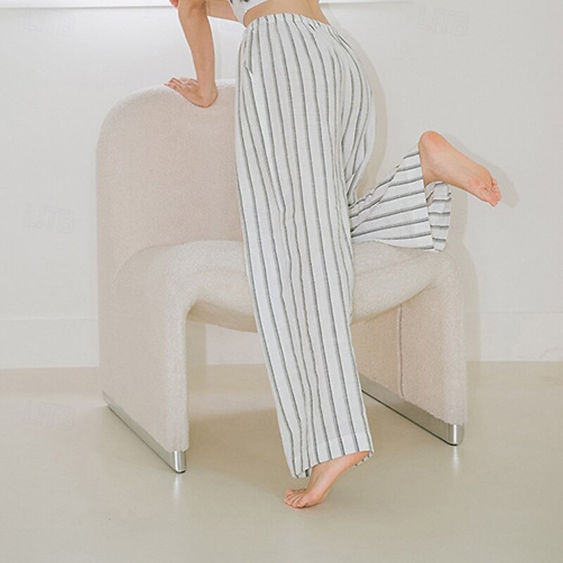 Women's 100% Cotton Wide Leg Chinos Vacation Vintage Ethnic Style Full Length Mid Waist Stripe Inelastic Vacation Home Casual White Navy Blue Summer Spring Fall Loose Fit4