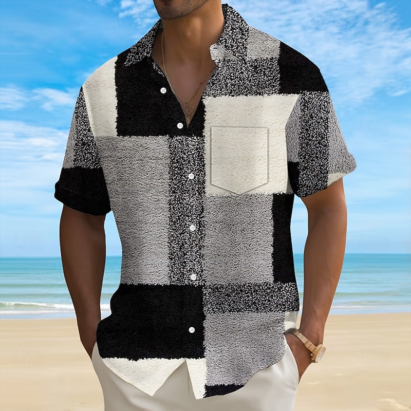 Men's Geometric Color Block Patchwork Shirt Summer Shirt Button Up Shirt Short Sleeve Fashion Casual Vacation Holiday Streetwear Summer Turndown 3D Print Front One Pocket Linen Like Shirt Black Khaki