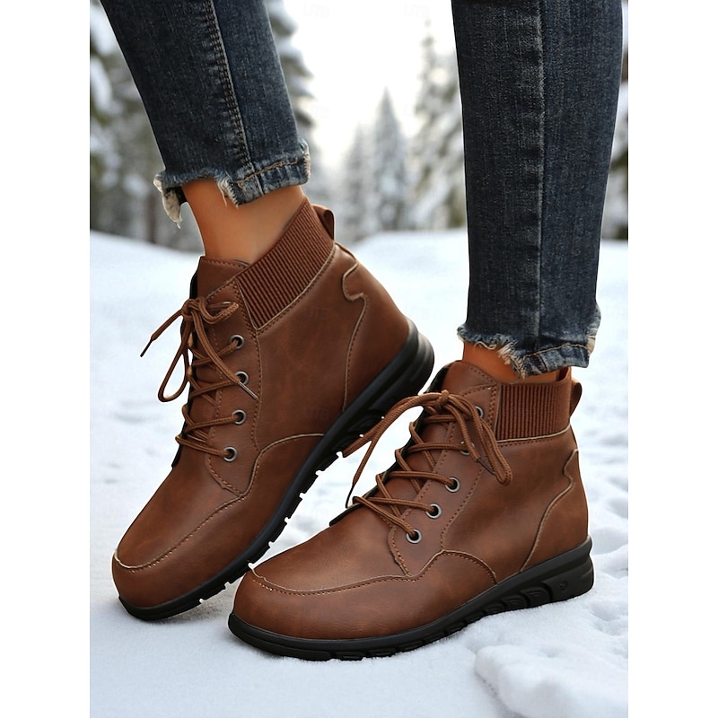 Women's Lace-Up Ankle Boots with Ribbed Collar – Stylish Outdoor Footwear for Farm Visits, Sunflower Fields and Autumn Walks