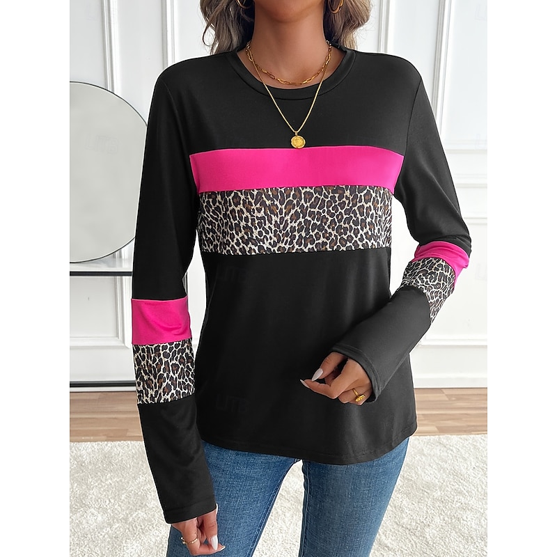 Women's T shirt Crew Neck Long Sleeve Tunic Graphic Leopard Color Block Vintage Stylish Casual  Regular Tops Daily Print Pink Fall3