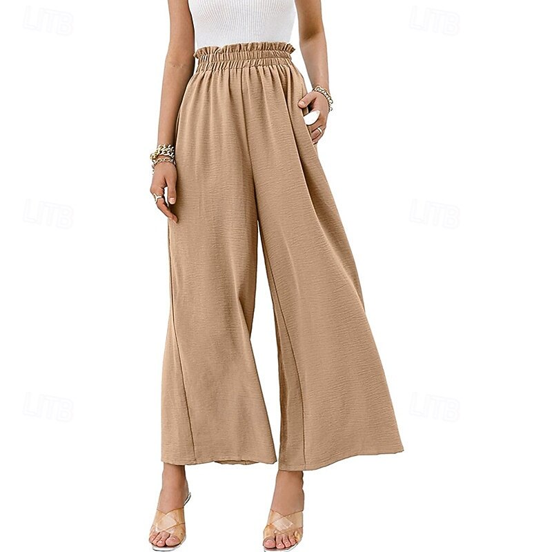 Women's Wide Leg Slacks Streetwear Casual Full Length Natural Plain Pocket Elastic Waist Comfortable Holiday Weekend Rust Spring Grass Green Black White Fall Regular Fit4