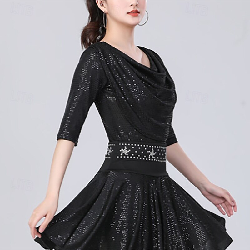 Latin Dance Top Pure Color Splicing Women's Performance Training Half Sleeve High Polyester3