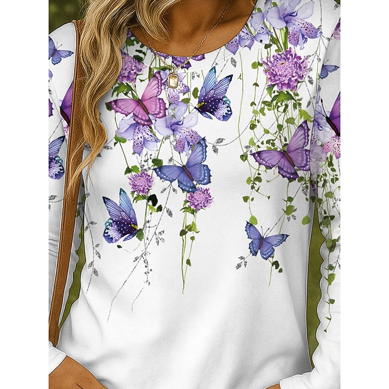 Women's T shirt Long Sleeve Crew Neck Long Sleeve Tunic Floral Graphic Butterfly Vintage Stylish Classic Round Neck Regular Tops Daily Print Black White Yellow Pink Blue Fall Prefall3