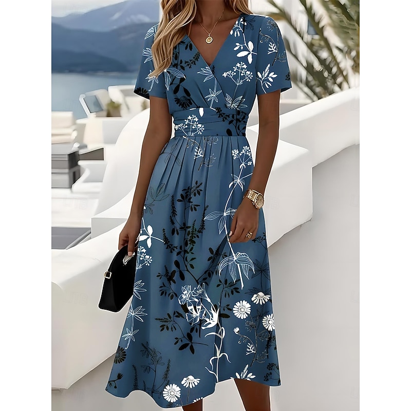 Women's Elegant Midi Dress A Line Dress Wrap Dress V Neck Short Sleeve Regular Fit Floral Graphic Red Sky Blue Ink Blue Green3