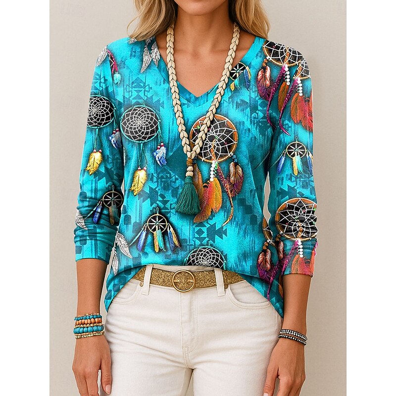 Women's T Shirt V Neck Long Sleeve Tunic Graphic Feather Vintage Stylish Casual Regular Tops Daily Print Blue Purple Orange Green Summer Spring Fall