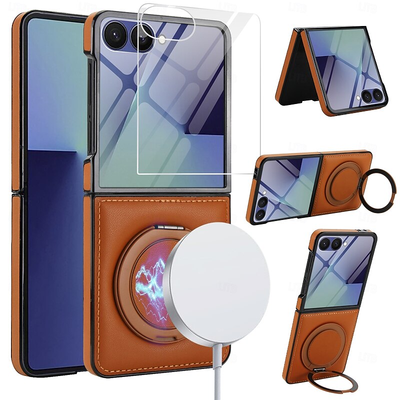 Phone Case For Samsung Galaxy Z Flip 7 Z Flip 6 Z Flip 5 Z Flip 4 Z Flip 3 Back Cover Support Wireless Charging Kickstand Shockproof Retro TPU PU Leather3