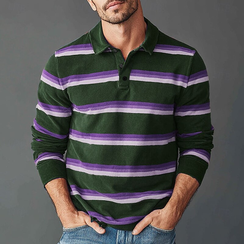 Men's Horizontal Stripes Rugby Polo Long Sleeve Polo Shirts Collared Shirts Sportswear Casual School Outdoor Athleisure 3D Print Spring Fall Winter Yellow Blue Purple3