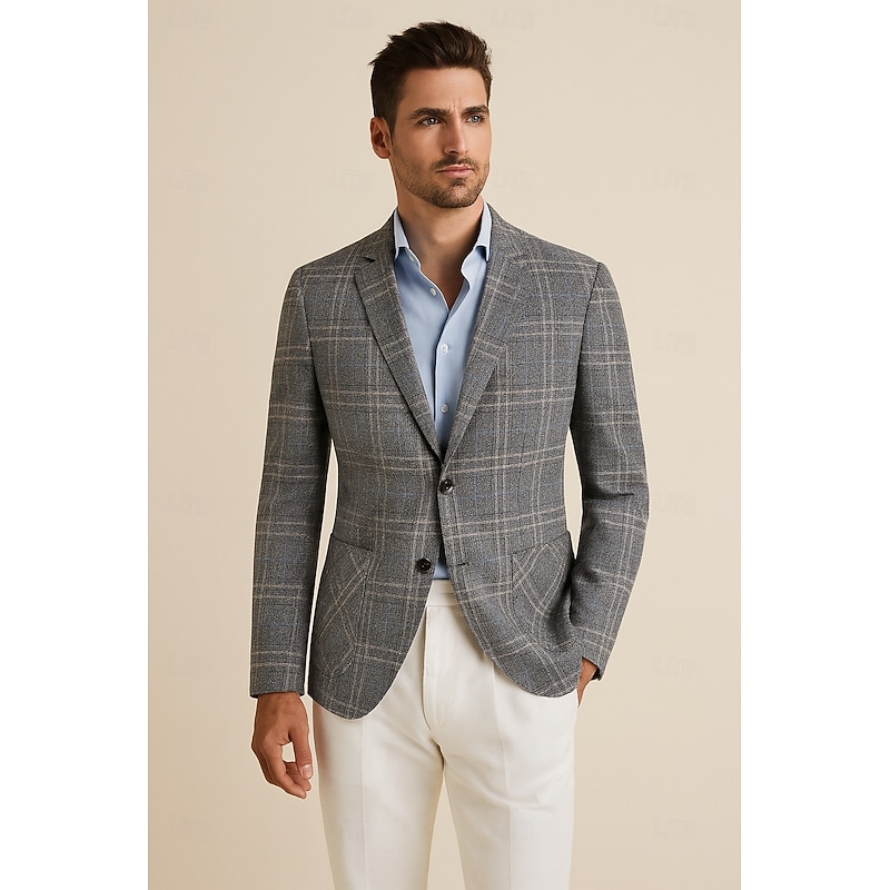 Men's Blazer Jacket School Formal Performance Classic All Seasons Polyester Vicose Plaid No-Iron Single Breasted Two-button Blazer Coffee Gray