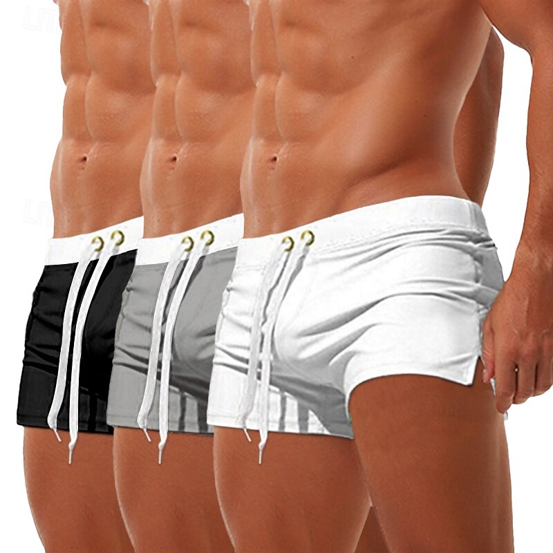 3Pcs Men's Swim Trunks Swim Shorts Board Swim Briefs Elastic Waist Drawstring Zipper Pocket Solid Color Quick Dry Breathable Short Casual Daily Beach Fashion Classic Style Black Micro-elastic3
