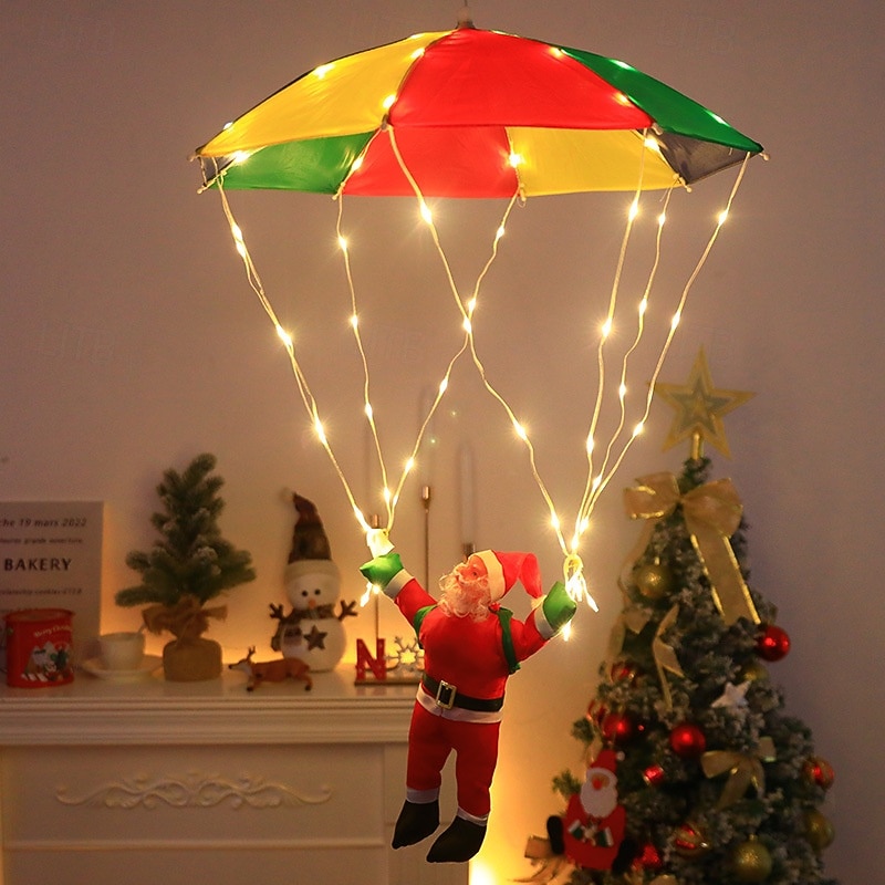 1 Pc Christmas Santa parachuting roof hanging light, leather wire light, indoor and outdoor Christmas atmosphere decoration light, solar/AAA battery box/USB power supply2