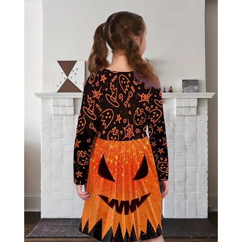 Halloween Girls' 3D Ghost Dress Long Sleeve Summer Spring Vacation Daily Holiday Princess Beautiful Sweet Kids 4-12 Years Casual Dress A Line Dress Knee-length Regular Fit3