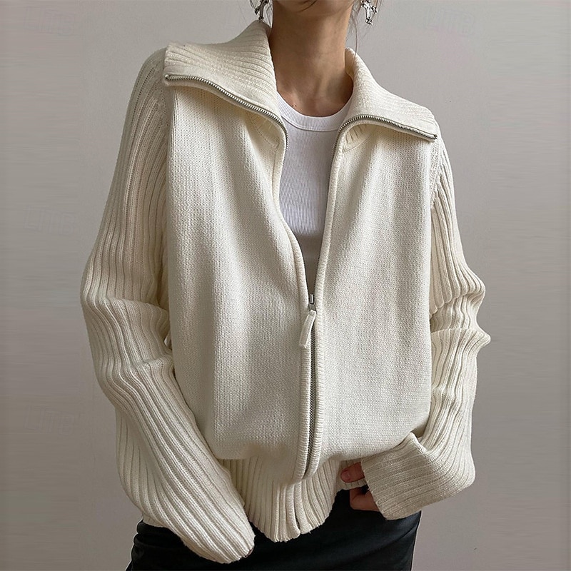Women's Sweater Cardigan Fashion Streetwear Daily Solid Color Ribbed Turtleneck Zipper Knitted Long Sleeve Long Tops Knit Holiday Going out Weekend White Fall Winter