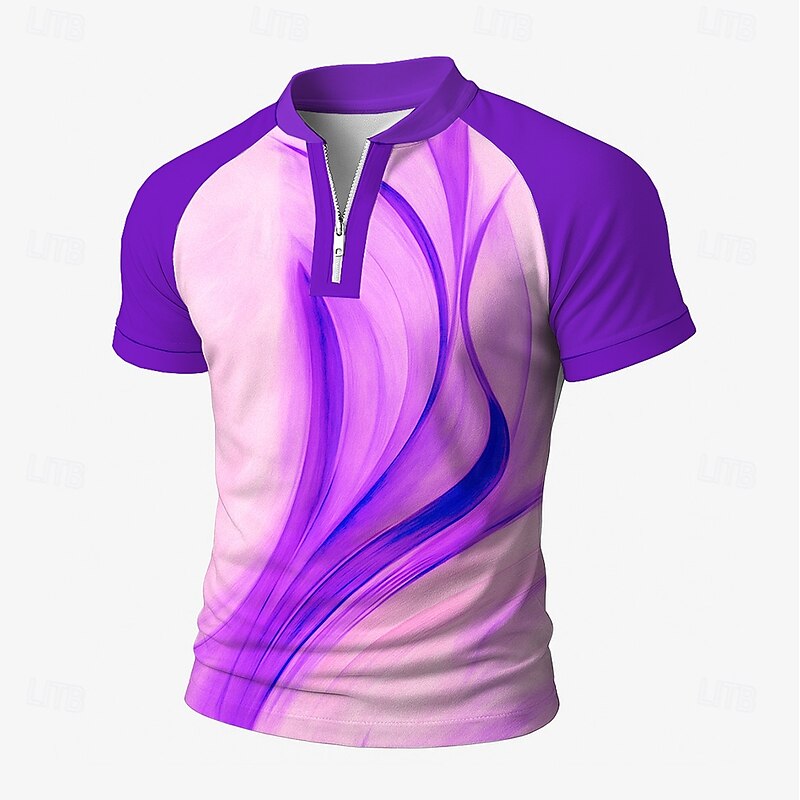 Men's Geometic Line Zip Polo Short Sleeve Stand Collar Business Modern Leisure Sports & Outdoor Business Athleisure Zipper 3D Print Summer Robin's Egg Blue Purple Green3