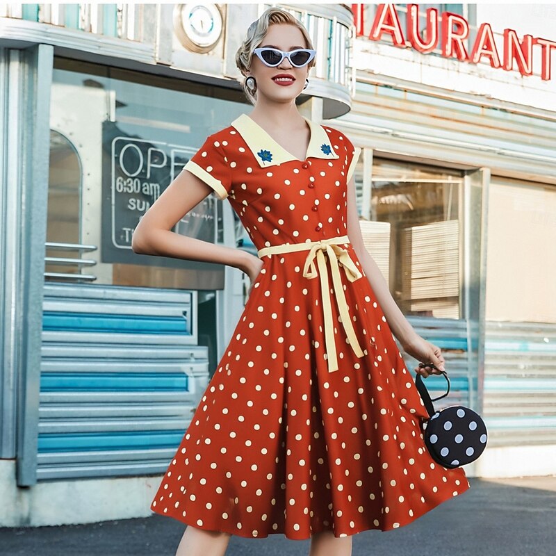 Retro Vintage 1950s Rockabilly Midi Swing Dress Flare Dress Shirt Dress Cap Sleeve Polka Dot Fancy Dress Women's Carnival Vacation Daily Wear Retro Theme Party Adults' Dress Headband Spring & Summer