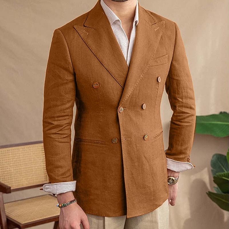Men 100% Linen Blazer Peak Lapel Formal Wedding Christmas Elegant Vintage Summer Spring Solid Color Pocket Plain Double Breasted Blazer Black Orange Army Green3