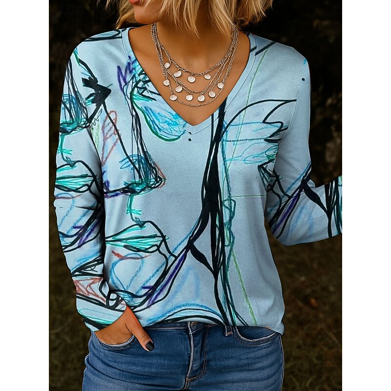 Women's T shirt Long Sleeve V Neck Long Sleeve Tunic Graphic Abstract Vintage Stylish Classic Regular Tops Daily Print Blue Purple Green Khaki Spring Fall Prefall4