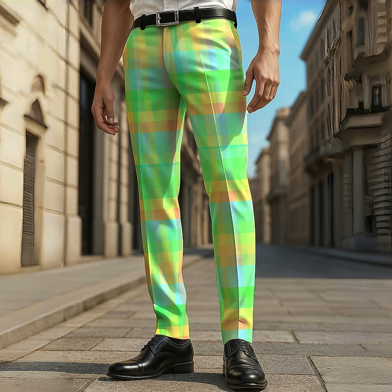 Men's Geometric Color Block Grid / Plaid Dress Pants Trousers Casual Pants Mid Waist Casual Vacation Party Daily Summer Spring Fall 3D Print Yellow Blue Green3