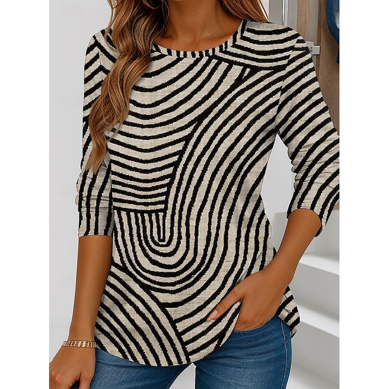 Women's T shirt Long Sleeve Crew Neck Long Sleeve Tunic Graphic Geometric Striped Vintage Stylish Regular Tops Daily Print White Blue Purple Orange Brown Fall Prefall4