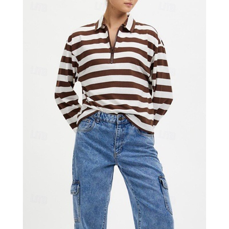 Women's Pullover Sweatshirt Sweatshirts Striped Casual Long Sleeve V Neck Regular Tops Street Going out Half Zipper Quarter Zipper Zipper Black Red Coffee Fall