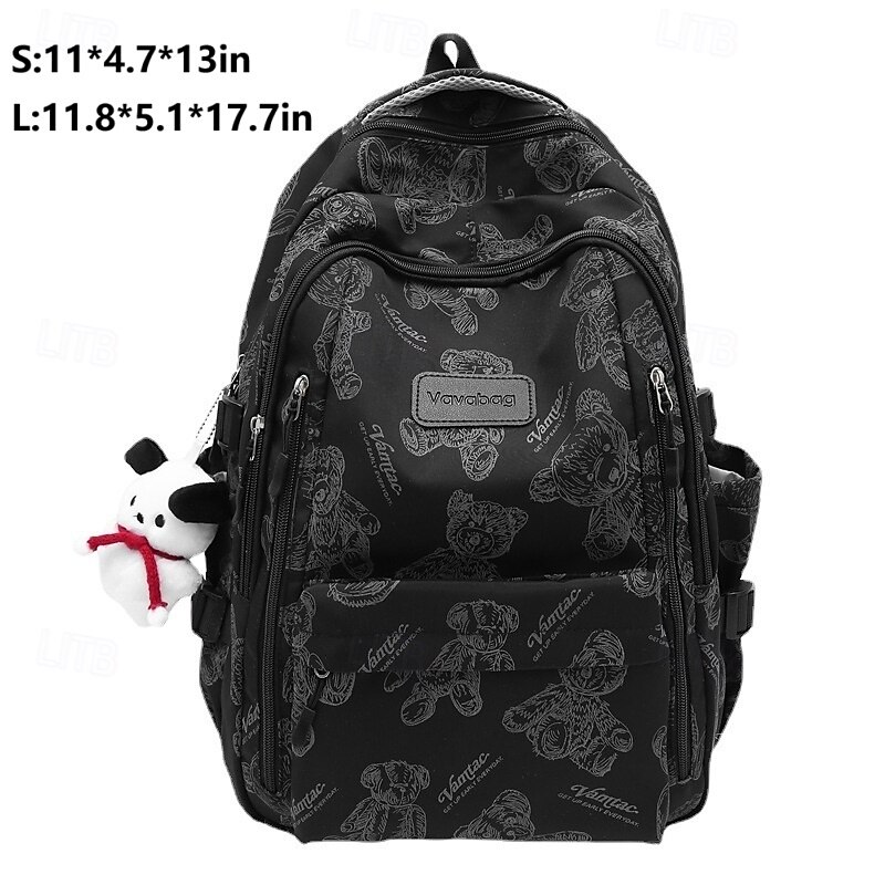 Women's Beige Printed School Backpack with Cute Plush Keychain, Lightweight Large Capacity Bookbag for Teen Girls, College, and Casual Daily Use, Available in Two Sizes4