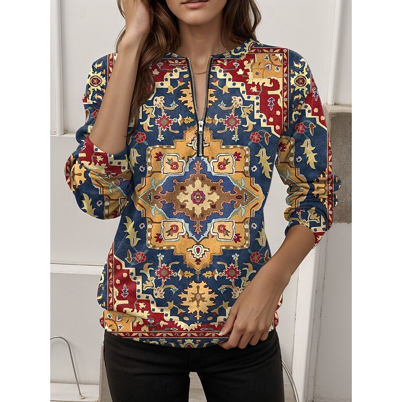 Women's Pullover Sweatshirt Zip Up Sweatshirts Graphic Geometric Casual Long Sleeve Crew Neck Regular Tops Street Dailywear Zipper Print Yellow Red Blue Orange Fall Winter4