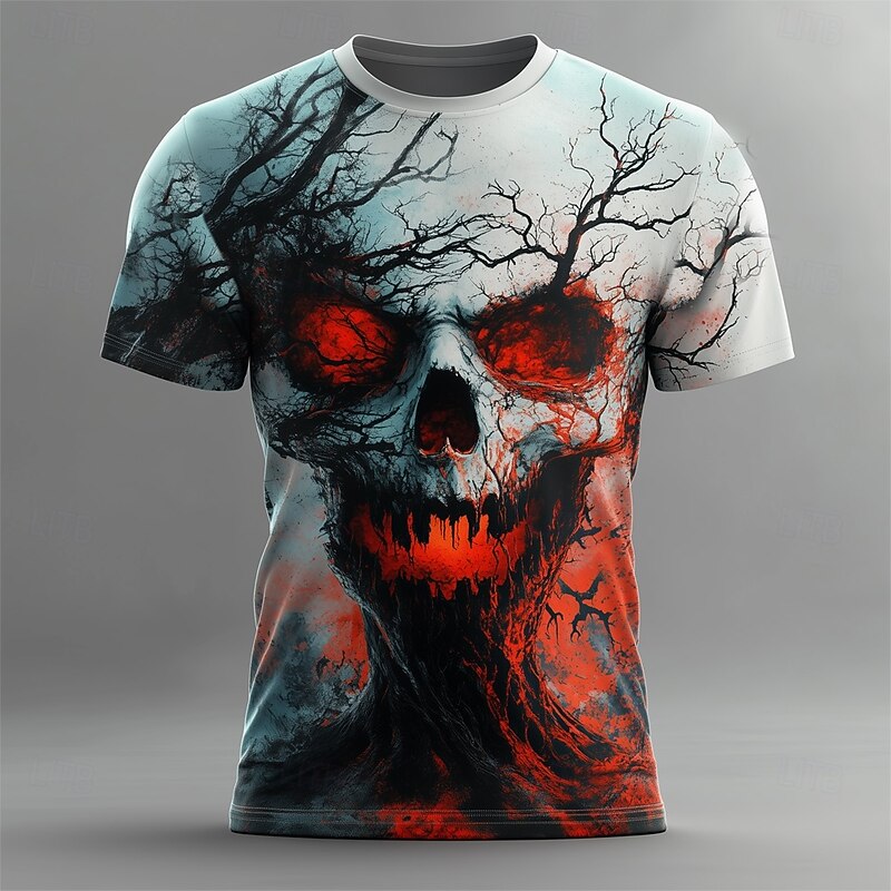 Halloween Men's Skull 3D Flame T Shirt Short Sleeve T shirt 3D Print Crew Neck Shirt Exaggerated Designer Horror Party Street Casual Black White Red Summer Spring All Seasons Clothing Apparel S M L4