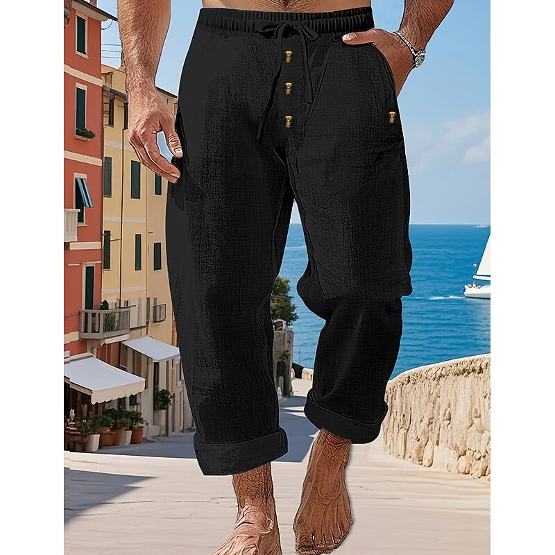 Men's Linen Pants Trousers Summer Pants Baggy Pants Beach Pants Elastic Waist Drawstring Buttons Plain Comfort Breathable Full Length Outdoor Casual Daily Vacation Fashion Black Blue Inelastic4