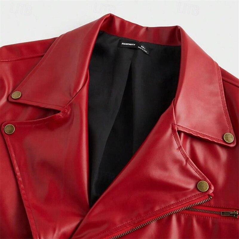 Men's Faux Leather Jacket Biker Jacket Motorcycle Jacket Vacation Daily Windproof Warm Zipper Fall Winter Plain Fashion Classic Lapel Regular Red Jacket3