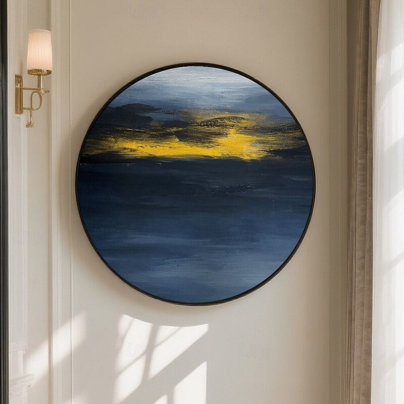 Handmade Circular Oceanic Canvas Deep Sapphire Blue Gradient Luminous Reflection Golden Horizon Contrast Abstract Sky And Sea Textured Paint Modern Calming Wall Art Minimalist Frame Gallery3