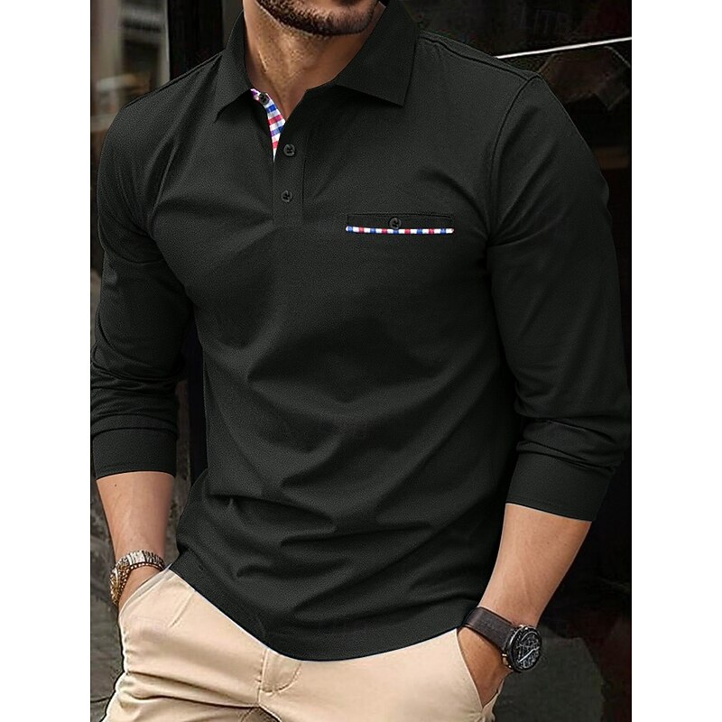 Men's Business Polo Golf Shirt Street Casual Lapel Long Sleeve Basic Modern Plain Buttons Spring Fall All Seasons Regular Fit Black White Blue Navy Blue Business Polo4