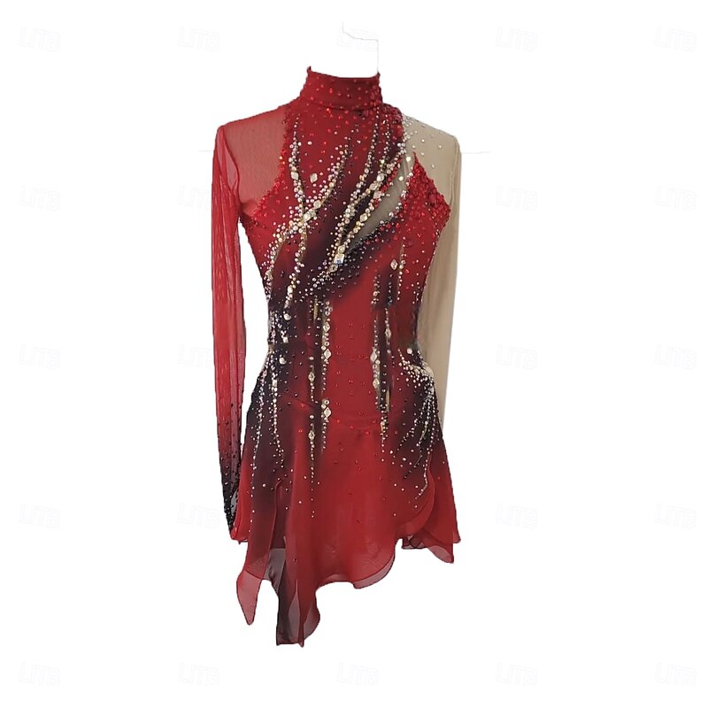 Figure Skating Dress Women's Girls' Ice Skating Dress Black+Red Thumbhole Halo Dyeing High Elasticity Professional Competition Skating Wear Thermal Warm Crystal / Rhinestone Long Sleeve Ice Skating3