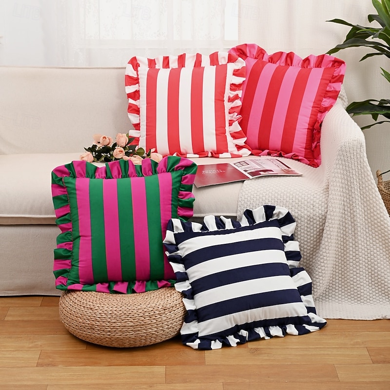 1 Pc Striped Lace Velvet Pillowcase 18X18Inch Pillow Cover Soft Cozy Cushion Cases for Couch Bedroom Living Room Home Decor
