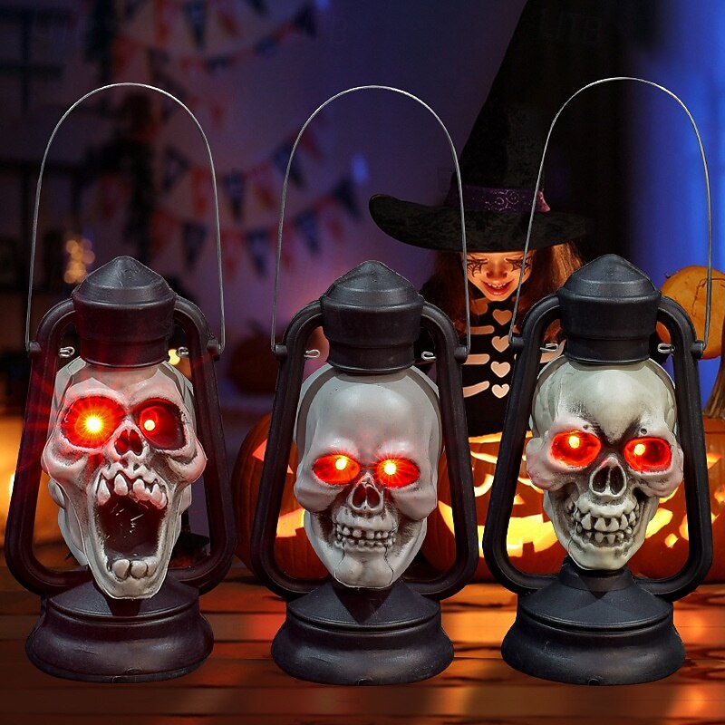 Halloween Handhold LED Light up Skulls Head Red Eyes Lamp Glowing in Dark Retro Kerosene Lamp Party Decoration