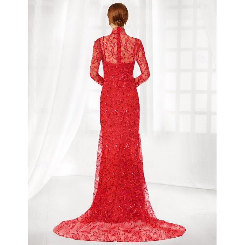 Sheath / Column Mother of the Bride Dress Elegant Simple Minimalist Mock Neck Floor Length Tulle Long Sleeve with Floral Lace Applique3