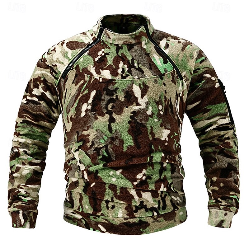 Men's Sweatshirt Zip Up Sweatshirt Fleece Sweatshirt Tactical Camouflage Green Standing Collar Camouflage Zipper Pockets Sports & Outdoor Casual Daily Vintage Streetwear Military Spring Fall Clothing